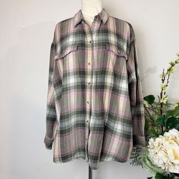 Old Navy Plaid Boyfriend Flannel Shirt | Pink Olive White | XL - Picture 1 of 9